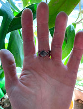 Load image into Gallery viewer, Green Stone Mountain Turquoise Ring in Handcrafted and Stamped Sterling Silver, Ring Size 9.5