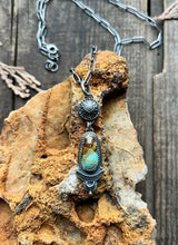 Load image into Gallery viewer, Royston Turquoise and Heart Adorned Pendant, Handcrafted and Stamped Sterling Silver, 21” Long Paperclip Chain