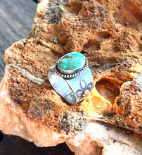 Load image into Gallery viewer, Emerald Valley Turquoise Ring with Floral Hand Stamped Saddle Style Ring Band, Size 6