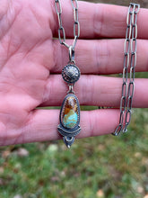 Load image into Gallery viewer, Royston Turquoise and Heart Adorned Pendant, Handcrafted and Stamped Sterling Silver, 21” Long Paperclip Chain