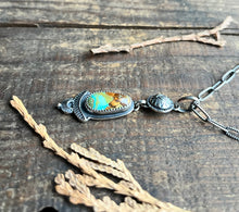 Load image into Gallery viewer, Royston Turquoise and Heart Adorned Pendant, Handcrafted and Stamped Sterling Silver, 21” Long Paperclip Chain