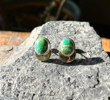 Load image into Gallery viewer, Emerald Valley Turquoise Post Earrings in Handcrafted Sterling Silver with Crescent Moon Brass Accents