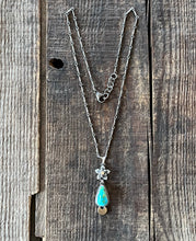 Load image into Gallery viewer, Sonoran Mountain Turquoise Moon Flower Pendant in Handcrafted Sterling Silver with Brass Accents, 18” Bar Link Chain