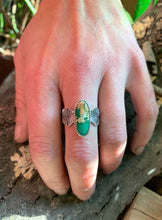 Load image into Gallery viewer, Green Stone Mountain Turquoise Ring in Handcrafted and Stamped Sterling Silver, Ring Size 9.5