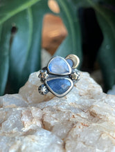 Load image into Gallery viewer, Starry Dreams Ring, Rainbow Moonstone and Tanzanite, Ring Size 8 3/4
