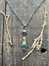 Load image into Gallery viewer, Royston Turquoise and Heart Adorned Pendant, Handcrafted and Stamped Sterling Silver, 21” Long Paperclip Chain