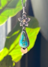 Load image into Gallery viewer, Sonoran Mountain Turquoise Moon Flower Pendant in Handcrafted Sterling Silver with Brass Accents, 18” Bar Link Chain