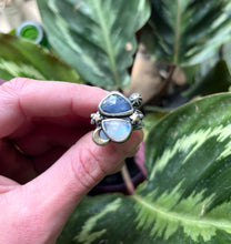 Load image into Gallery viewer, Starry Dreams Ring, Rainbow Moonstone and Tanzanite, Ring Size 8 3/4