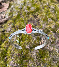 Load image into Gallery viewer, Spiney Oyster and Turquoise Hand Stamped Sterling Silver Cuff, 6" Medium Fit