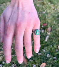 Load image into Gallery viewer, Emerald Valley Turquoise Ring with Floral Hand Stamped Saddle Style Ring Band, Size 6
