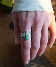 Load image into Gallery viewer, Green Stone Mountain Turquoise Ring in Handcrafted and Stamped Sterling Silver, Ring Size 9.5