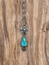 Load image into Gallery viewer, Sonoran Mountain Turquoise Moon Flower Pendant in Handcrafted Sterling Silver with Brass Accents, 18” Bar Link Chain