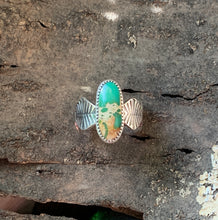Load image into Gallery viewer, Green Stone Mountain Turquoise Ring in Handcrafted and Stamped Sterling Silver, Ring Size 9.5