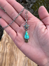 Load image into Gallery viewer, Sonoran Mountain Turquoise Moon Flower Pendant in Handcrafted Sterling Silver with Brass Accents, 18” Bar Link Chain