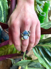 Load image into Gallery viewer, Starry Dreams Ring, Rainbow Moonstone and Tanzanite, Ring Size 8 3/4