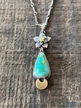 Load image into Gallery viewer, Sonoran Mountain Turquoise Moon Flower Pendant in Handcrafted Sterling Silver with Brass Accents, 18” Bar Link Chain