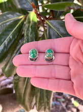 Load image into Gallery viewer, Emerald Valley Turquoise Post Earrings in Handcrafted Sterling Silver with Crescent Moon Brass Accents