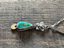 Load image into Gallery viewer, Sonoran Mountain Turquoise Moon Flower Pendant in Handcrafted Sterling Silver with Brass Accents, 18” Bar Link Chain