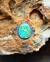 Load image into Gallery viewer, Emerald Valley Turquoise Ring with Hand Stamped Double Split Band, Ring Size 7