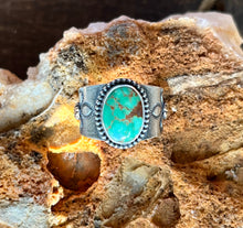 Load image into Gallery viewer, Emerald Valley Turquoise Ring with Floral Hand Stamped Saddle Style Ring Band, Size 6