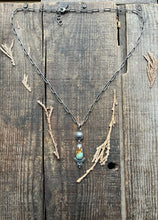 Load image into Gallery viewer, Royston Turquoise and Heart Adorned Pendant, Handcrafted and Stamped Sterling Silver, 21” Long Paperclip Chain