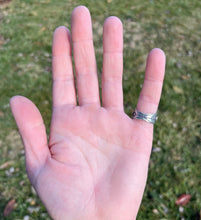 Load image into Gallery viewer, Emerald Valley Turquoise Ring with Floral Hand Stamped Saddle Style Ring Band, Size 6