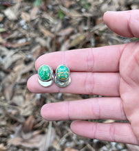 Load image into Gallery viewer, Emerald Valley Turquoise Post Earrings in Handcrafted Sterling Silver with Crescent Moon Brass Accents