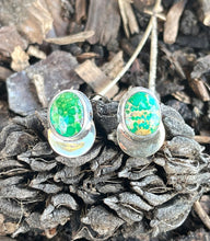 Load image into Gallery viewer, Emerald Valley Turquoise Post Earrings in Handcrafted Sterling Silver with Crescent Moon Brass Accents