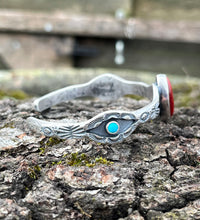 Load image into Gallery viewer, Spiney Oyster and Turquoise Hand Stamped Sterling Silver Cuff, 6" Medium Fit