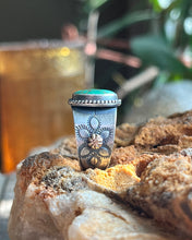 Load image into Gallery viewer, Emerald Valley Turquoise Ring with Floral Hand Stamped Saddle Style Ring Band, Size 6