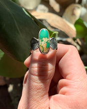 Load image into Gallery viewer, Green Stone Mountain Turquoise Ring in Handcrafted and Stamped Sterling Silver, Ring Size 9.5