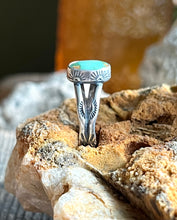 Load image into Gallery viewer, Emerald Valley Turquoise Ring with Hand Stamped Double Split Band, Ring Size 9.25