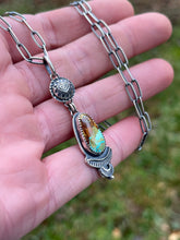 Load image into Gallery viewer, Royston Turquoise and Heart Adorned Pendant, Handcrafted and Stamped Sterling Silver, 21” Long Paperclip Chain