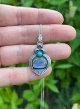 Load image into Gallery viewer, Dream Land Hand Stamped Turquoise and Rainbow Moonstone Pendant, Sterling Silver, with 16” Chain
