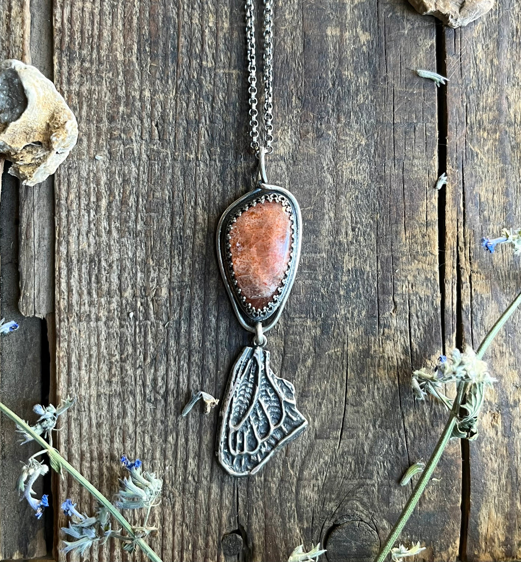 Orange Confetti Sunstone Necklace with Hand Carved Butterfly Wing Drop, with 21” Long Rolo Chain