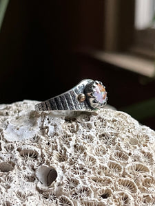 Australian Crystal Pipe Opal Ring with Sterling Cuttlebone Texture and 14k Gold Accents, Ring Size 8.5