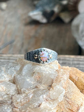 Load image into Gallery viewer, Australian Crystal Pipe Opal Ring with Sterling Cuttlebone Texture and 14k Gold Accents, Ring Size 8.5
