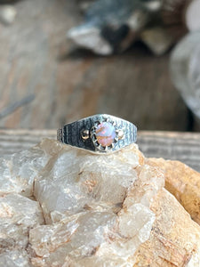 Australian Crystal Pipe Opal Ring with Sterling Cuttlebone Texture and 14k Gold Accents, Ring Size 8.5