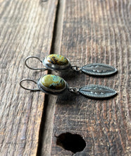 Load image into Gallery viewer, Blackjack Polychrome Turquoise Hand Stamped Earrings, Handcrafted Sterling Silver
