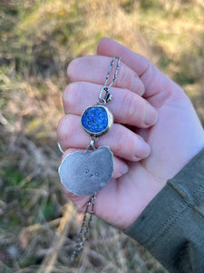 Azurite and Malachite Geode Half with Ammonite Fossil Pendant, with 19” Chain