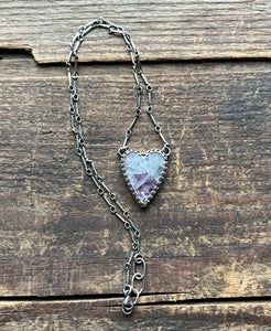 Lepidolite in Quartz Heart Charm Necklace, 16.5-17.5” Long Bar Link Chain