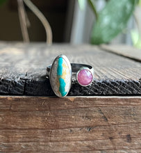 Load image into Gallery viewer, Gemmy Pink Sapphire and Stone Mountain Turquoise Split Ring, Size 8

