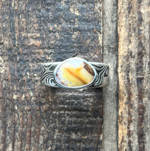 Load image into Gallery viewer, Australian Crystal Pipe Opal Ring with Mokume Gane Pattern, Ring Size 8 3/4
