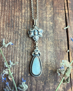 Art Nouveau Flower Fairy With Icy Blue Aquamarine Drop Pendant, Rolo Chain 18” Long