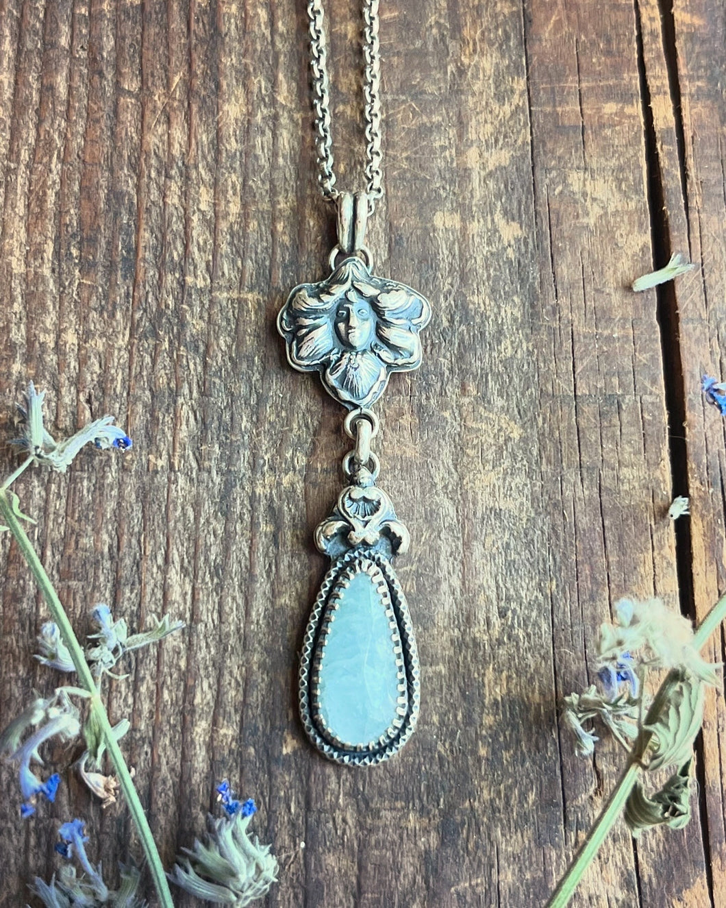 Art Nouveau Flower Fairy With Icy Blue Aquamarine Drop Pendant, Rolo Chain 18” Long