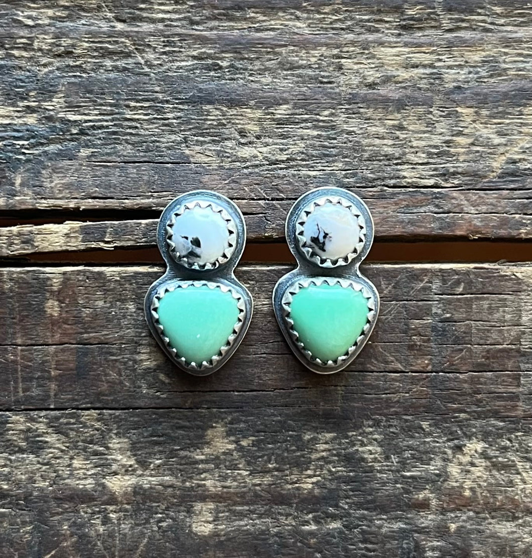 White Buffalo and Lucin Variscite Post Earrings, Handcrafted Sterling Silver