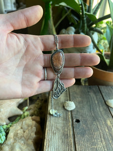 Orange Confetti Sunstone Necklace with Hand Carved Butterfly Wing Drop, with 21” Long Rolo Chain