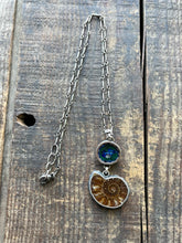 Load image into Gallery viewer, Azurite and Malachite Geode Half with Ammonite Fossil Pendant, with 19” Chain
