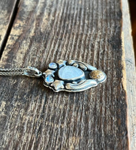 Load image into Gallery viewer, Shoot for the Stars Pendant, Handcrafted Sterling Silver and Brass Moon with Triple Moonstones, 18” Wheat Chain
