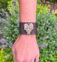 Load image into Gallery viewer, Egyptian Revival Brass Lotus and Snake Design on Leather Bracelet, Set with Garnet in Fine Silver
